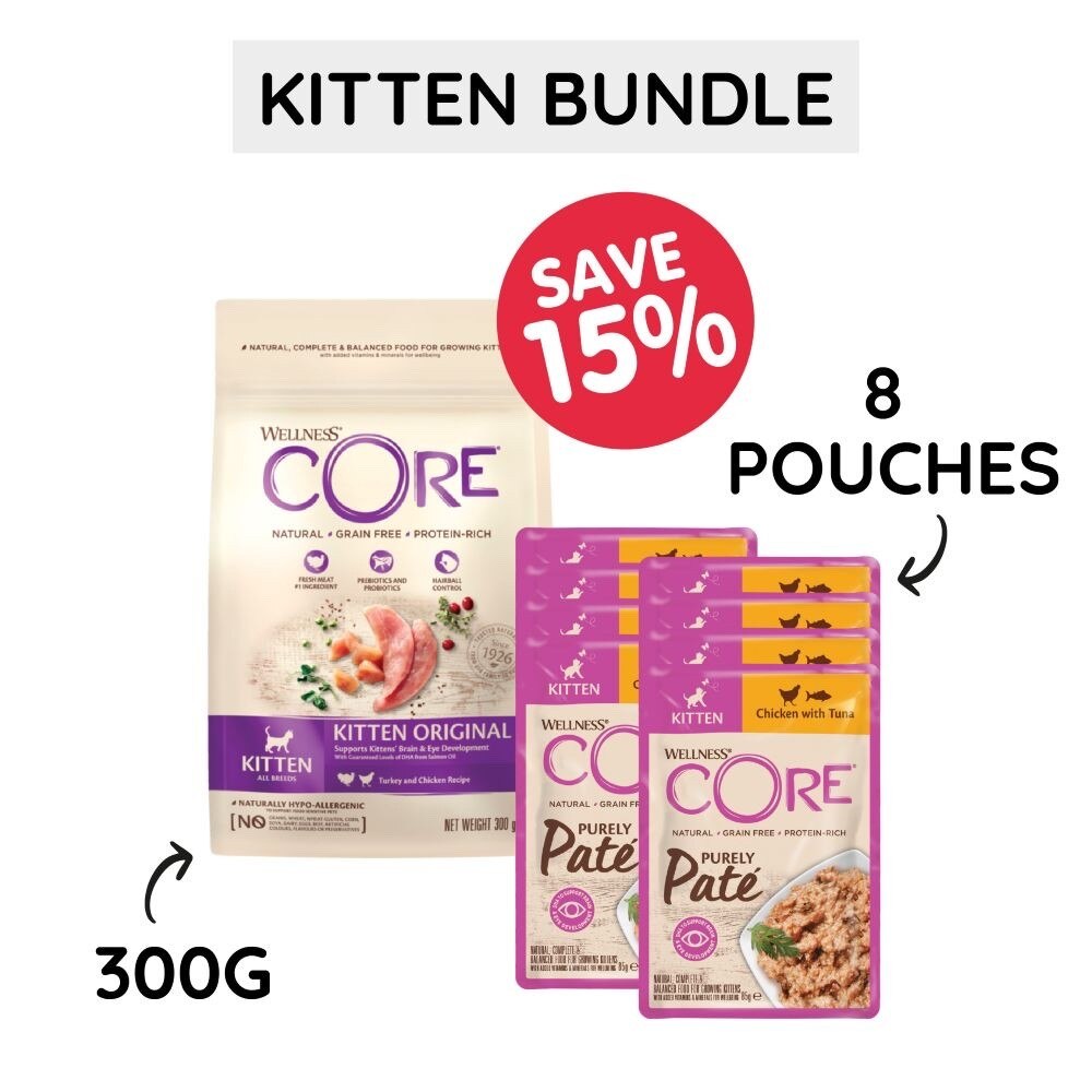 Wellness Core Wellness Core Essentials Bundle Grain Free Chicken Turkey Kitten Dry Cat Food pet food packaging